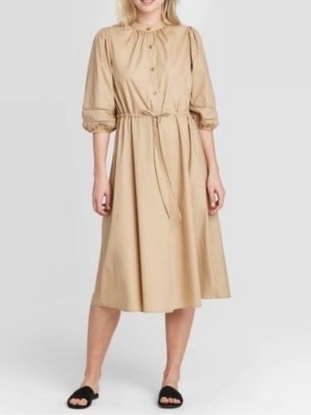 Who What Wear Beige Button-Front Tie-Waist Midi Dress